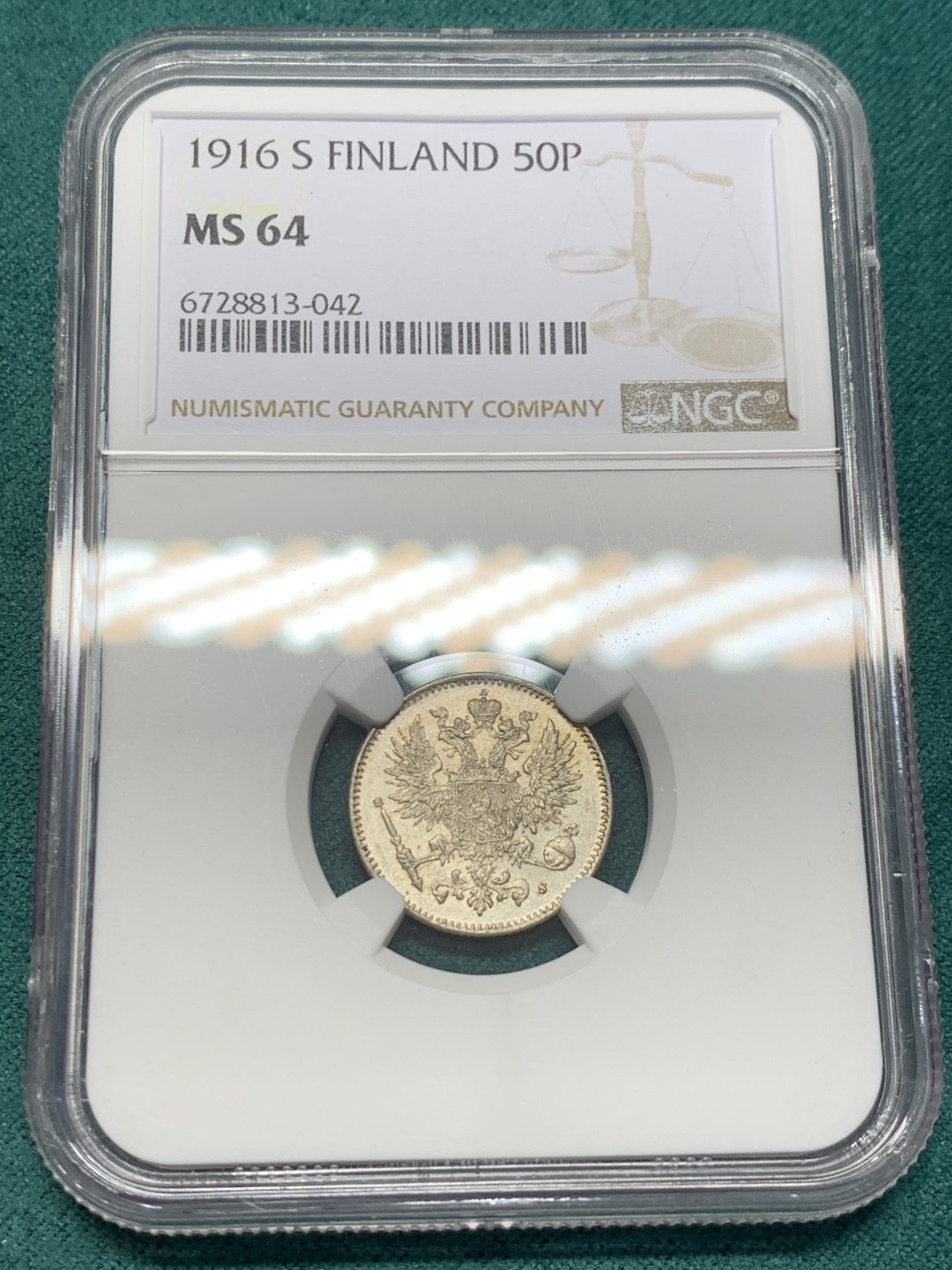 《竞宝斋》第148场-周日，周一 2场 (全场包邮) NGC-MS64 俄属芬兰1916年 50分双头鹰银币