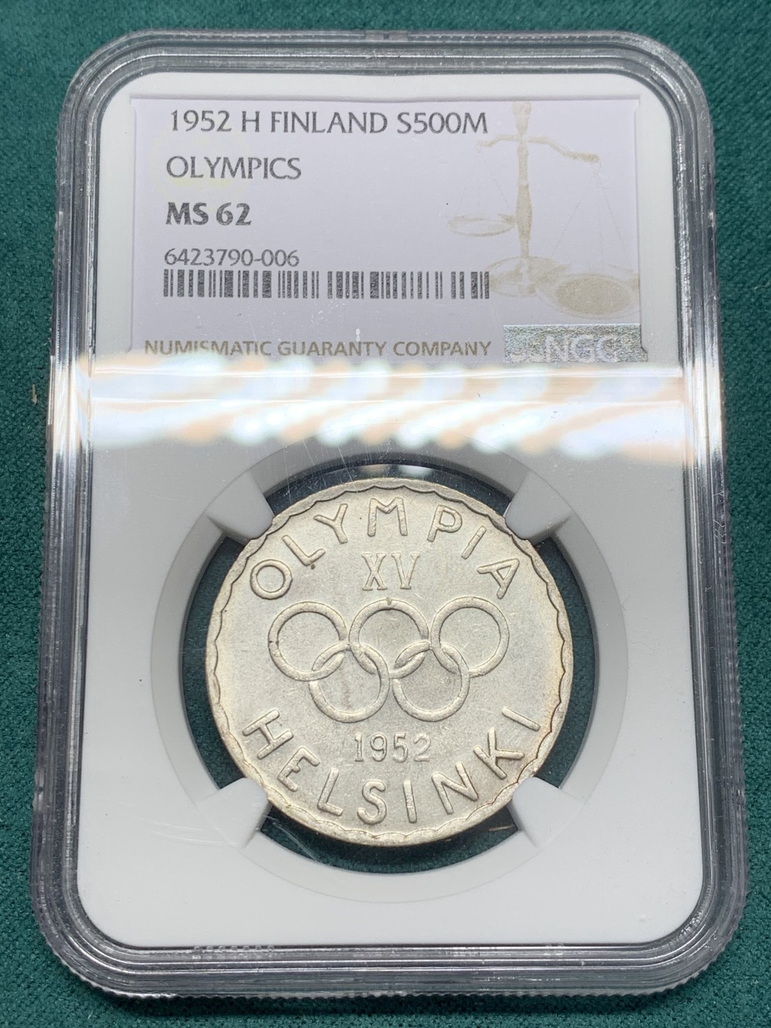 《竞宝斋》第148场-周日，周一 2场 (全场包邮) NGC-MS62 芬兰1952年 五环500马克大银币 顶级好品