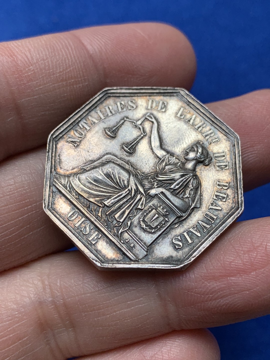 《竞宝斋》第148场-周日，周一 2场 (全场包邮) 法国 博韦市公证人 八角银质代币 jeton 15g 蜜蜂边铭（1860-1879年）