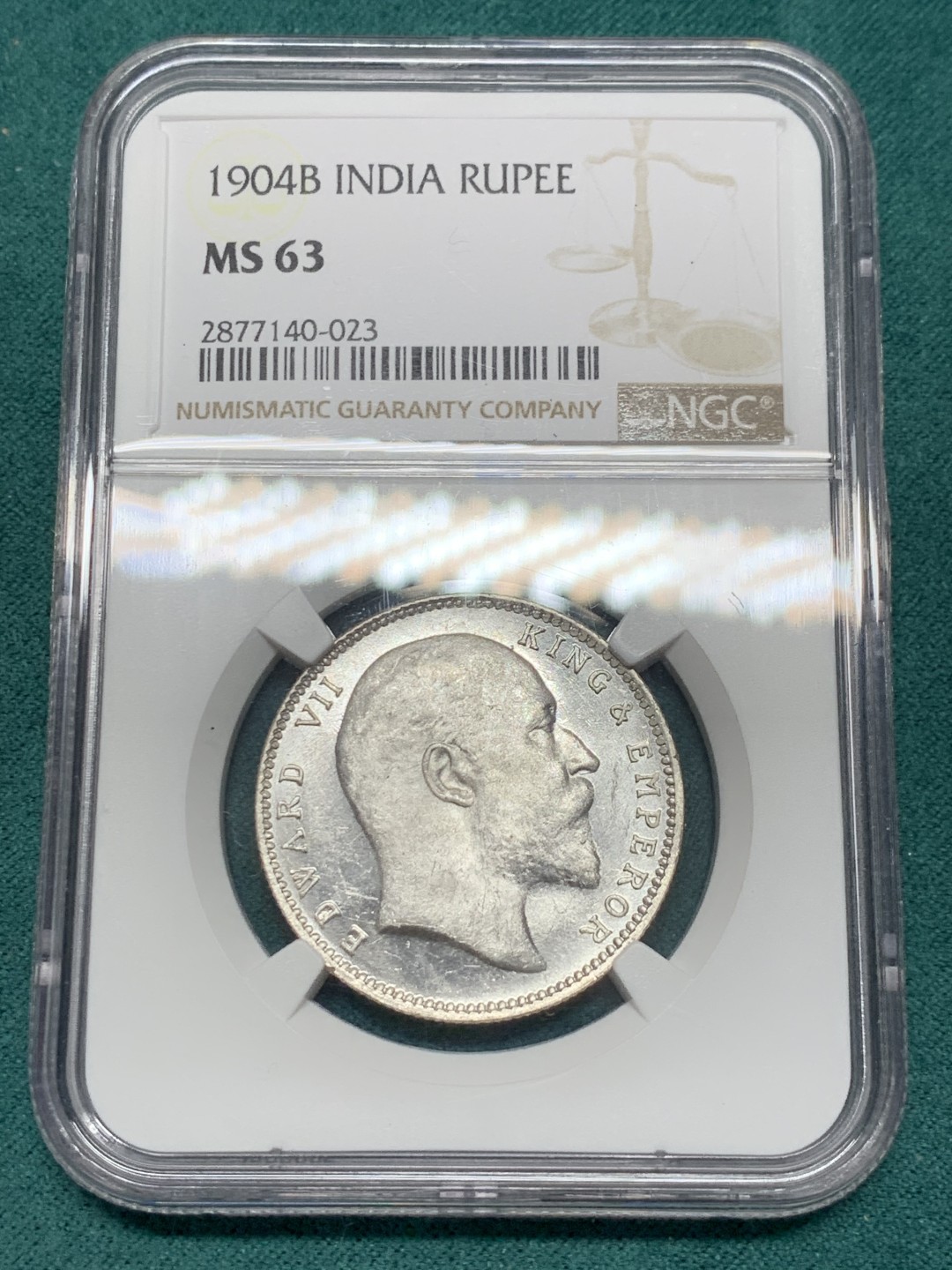 《竞宝斋》第148场-周日，周一 2场 (全场包邮) NGC MS63 英属印度 1904年B版 爱德华七世 1卢比银币 满银光好品 镜面底板 光可照人 细节优异