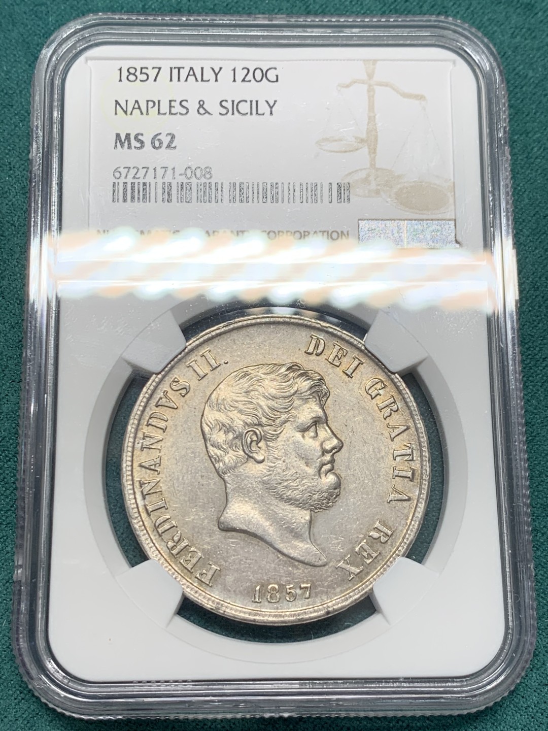 《竞宝斋》第148场-周日，周一 2场 (全场包邮) NGC MS62 意大利/波旁-两西西里 1857年120G，字母“D”断字版