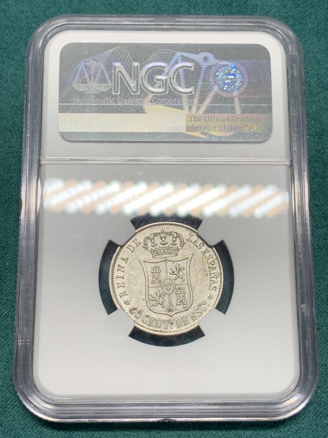 《竞宝斋》第148场-周日，周一 2场 (全场包邮) NGC-AU53 西班牙 1868 猪头妹妹 40分银币（2角型）少见品种