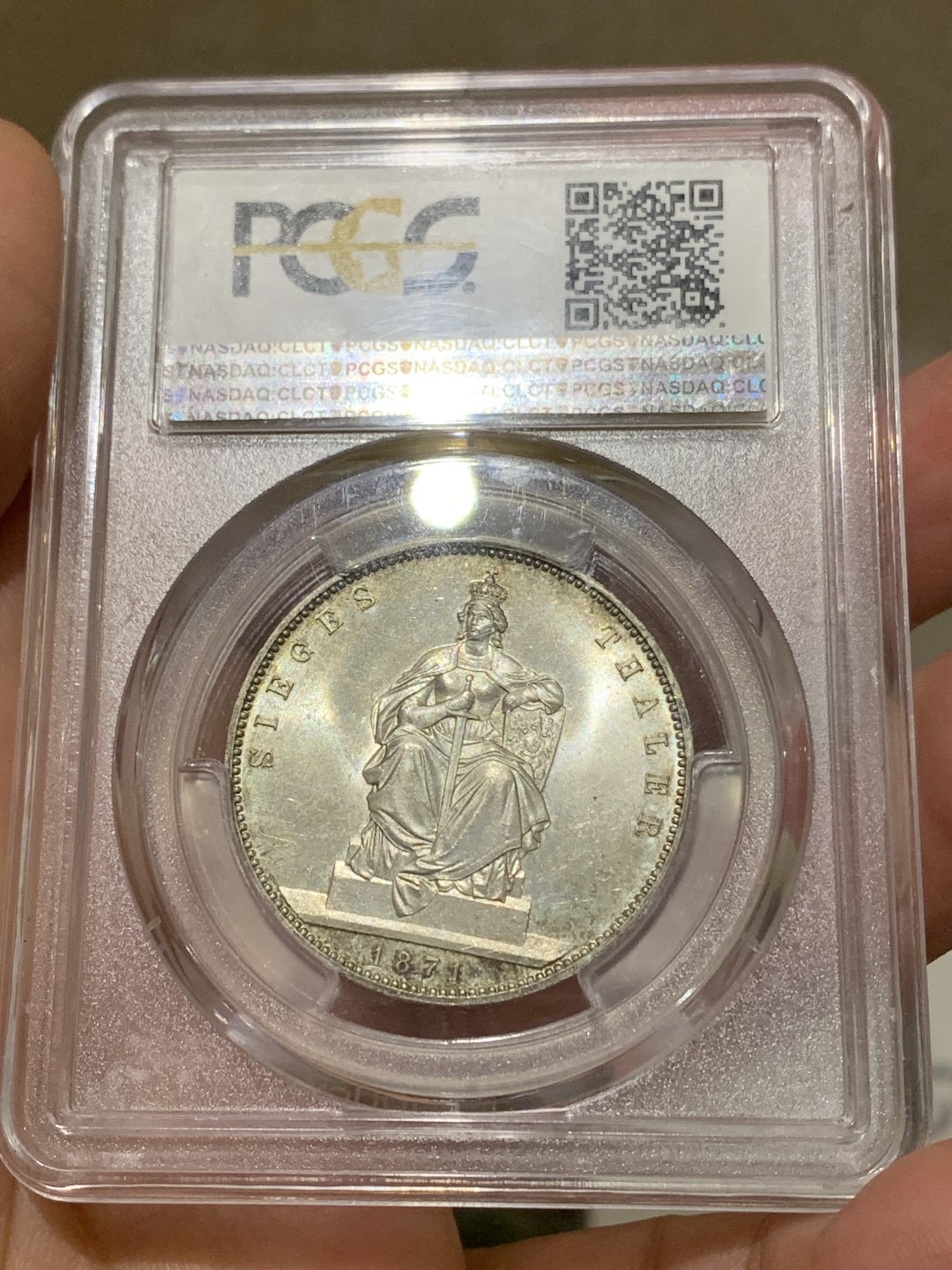 《竞宝斋》第148场-周日，周一 2场 (全场包邮) PCGS-MS64 德国 1871年 普鲁士威廉一世 胜利泰勒银币 双面杏色环彩 强丝绸光 普制64分所见最佳