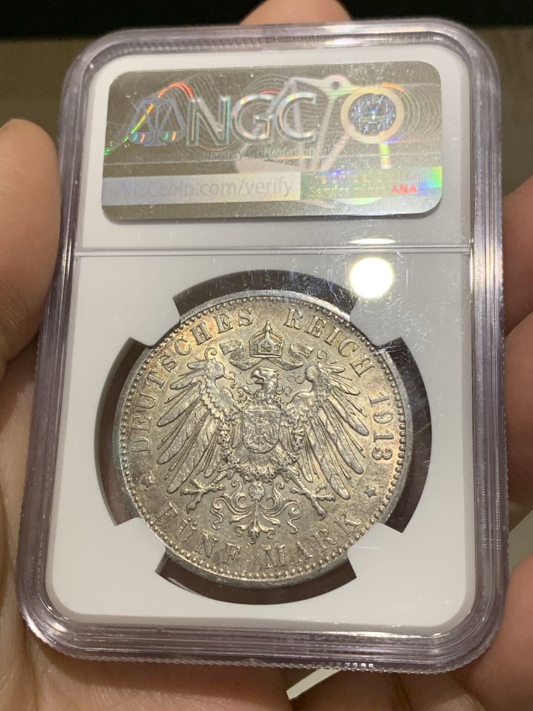 《竞宝斋》第148场-周日，周一 2场 (全场包邮) NGC-AU58 德国 1913年 汉堡5马克银币 细节不错 有点低评