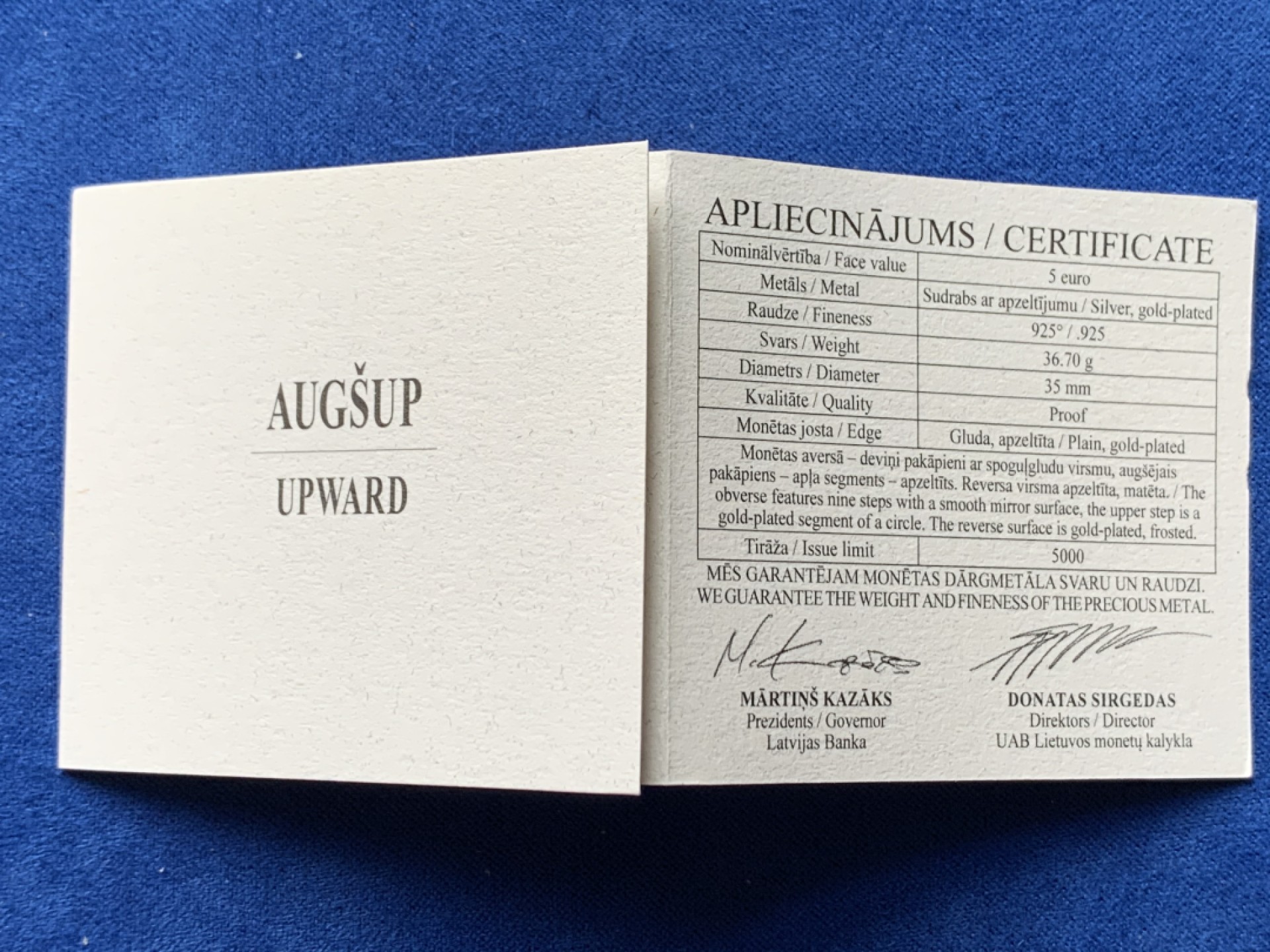 《竞宝斋》第148场-周日，周一 2场 (全场包邮) 少见原盒 拉脱维亚 2022年 上升主题5欧元镀金精制纪念银币 36.7克925银 全球限量5000枚 设计感慢慢 潜力获奖品种