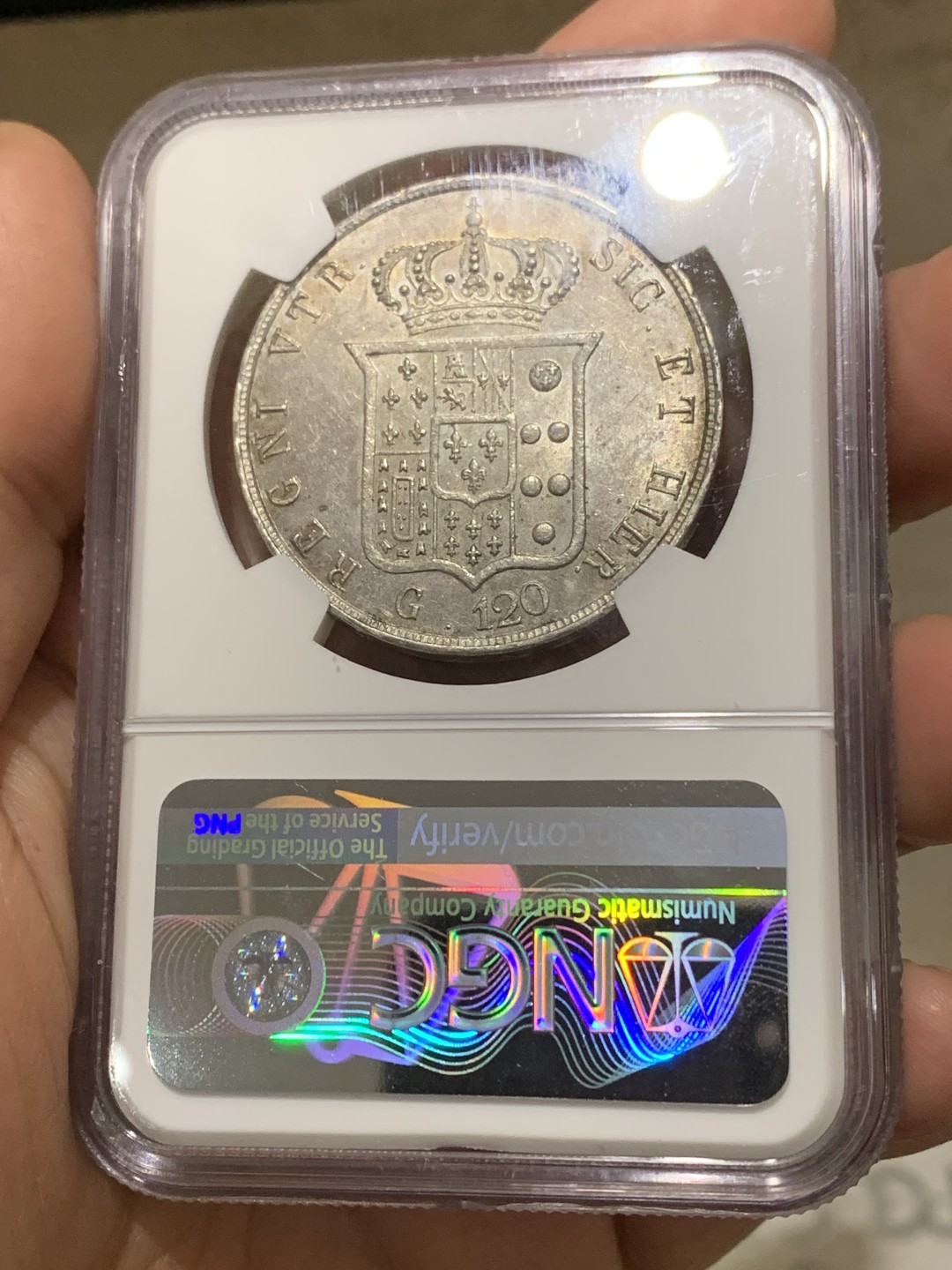 《竞宝斋》第148场-周日，周一 2场 (全场包邮) NGC MS62 意大利/波旁-两西西里 1857年120G，字母“D”断字版