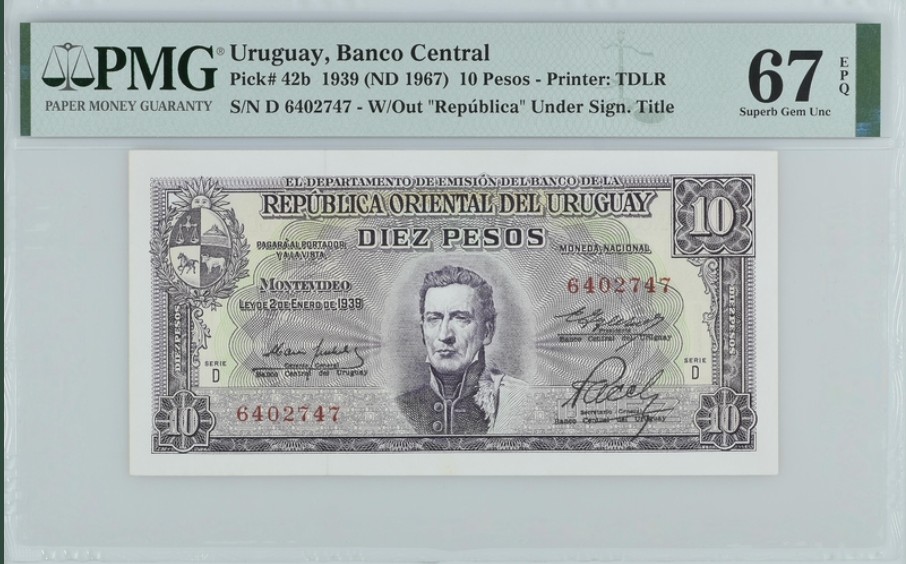 收藏联盟Quantum Auction 第245期拍卖  乌拉圭1967年10比索 PMG67 冠军分