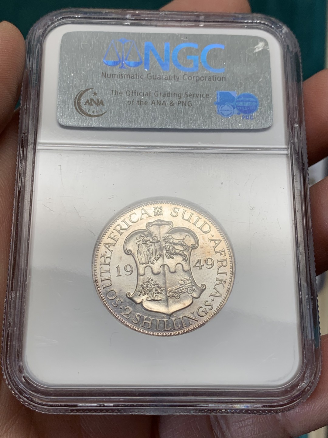 《竞宝斋》第148场-周日，周一 2场 (全场包邮) 亚军 NGC PF66 英属南非 1949乔六精制弗洛林银币 精制难得状态