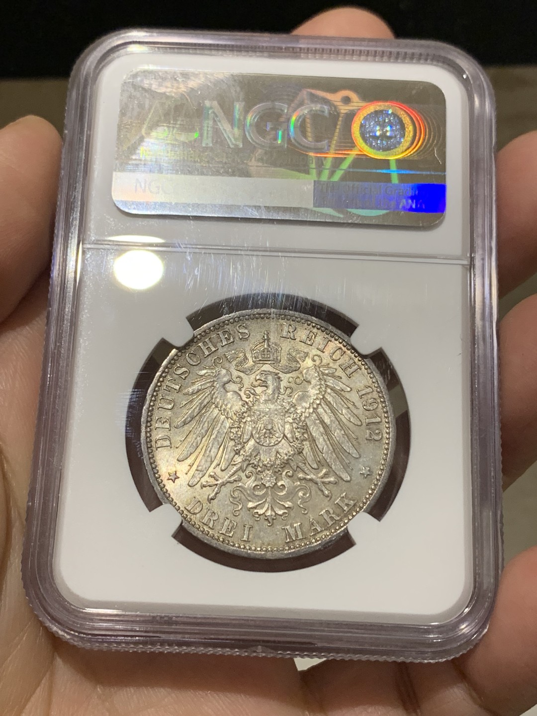 《竞宝斋》第148场-周日，周一 2场 (全场包邮) NGC MS63 德国 普鲁士1912年 3马克银币 威廉二世 光度好