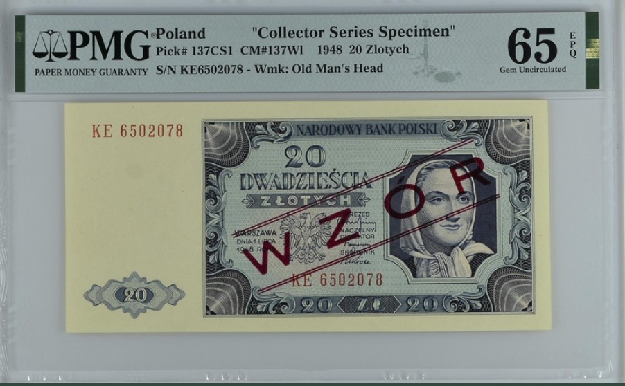 收藏联盟Quantum Auction 第245期拍卖  波兰1948年20兹罗提出样票 PMG65
