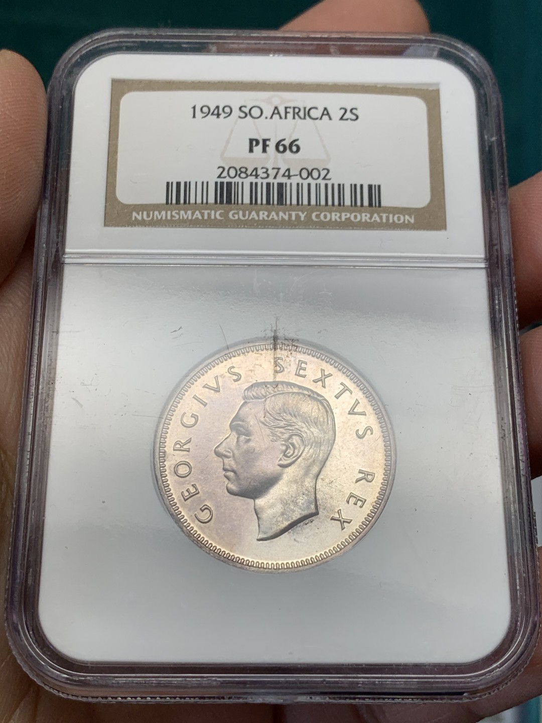 《竞宝斋》第148场-周日，周一 2场 (全场包邮) 亚军 NGC PF66 英属南非 1949乔六精制弗洛林银币 精制难得状态