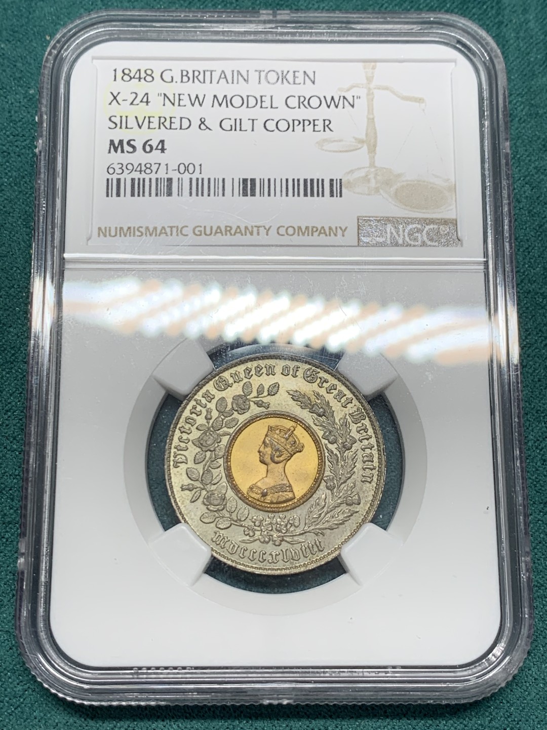 《竞宝斋》第148场-周日，周一 2场 (全场包邮) NGC-MS64 英国 1848年 双色克朗 最早的双金属币 亚军分 币面状态完美 原光充足 转光美丽 上海N严评 个人看是65以上的品相