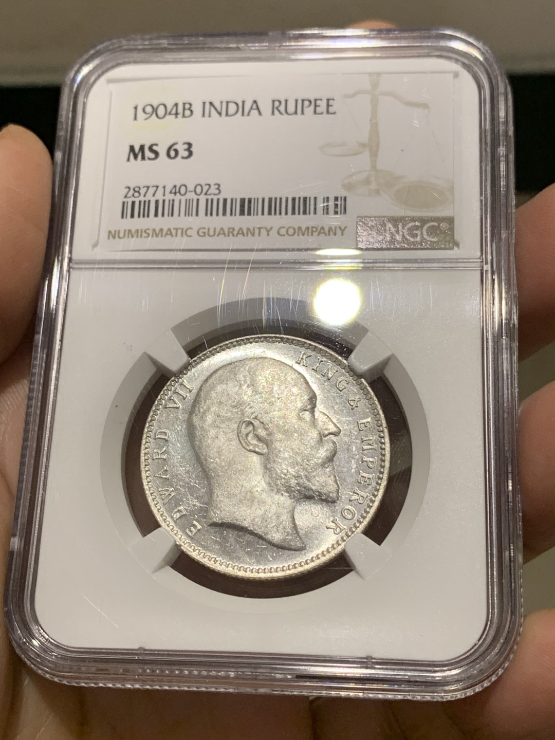 《竞宝斋》第148场-周日，周一 2场 (全场包邮) NGC MS63 英属印度 1904年B版 爱德华七世 1卢比银币 满银光好品 镜面底板 光可照人 细节优异