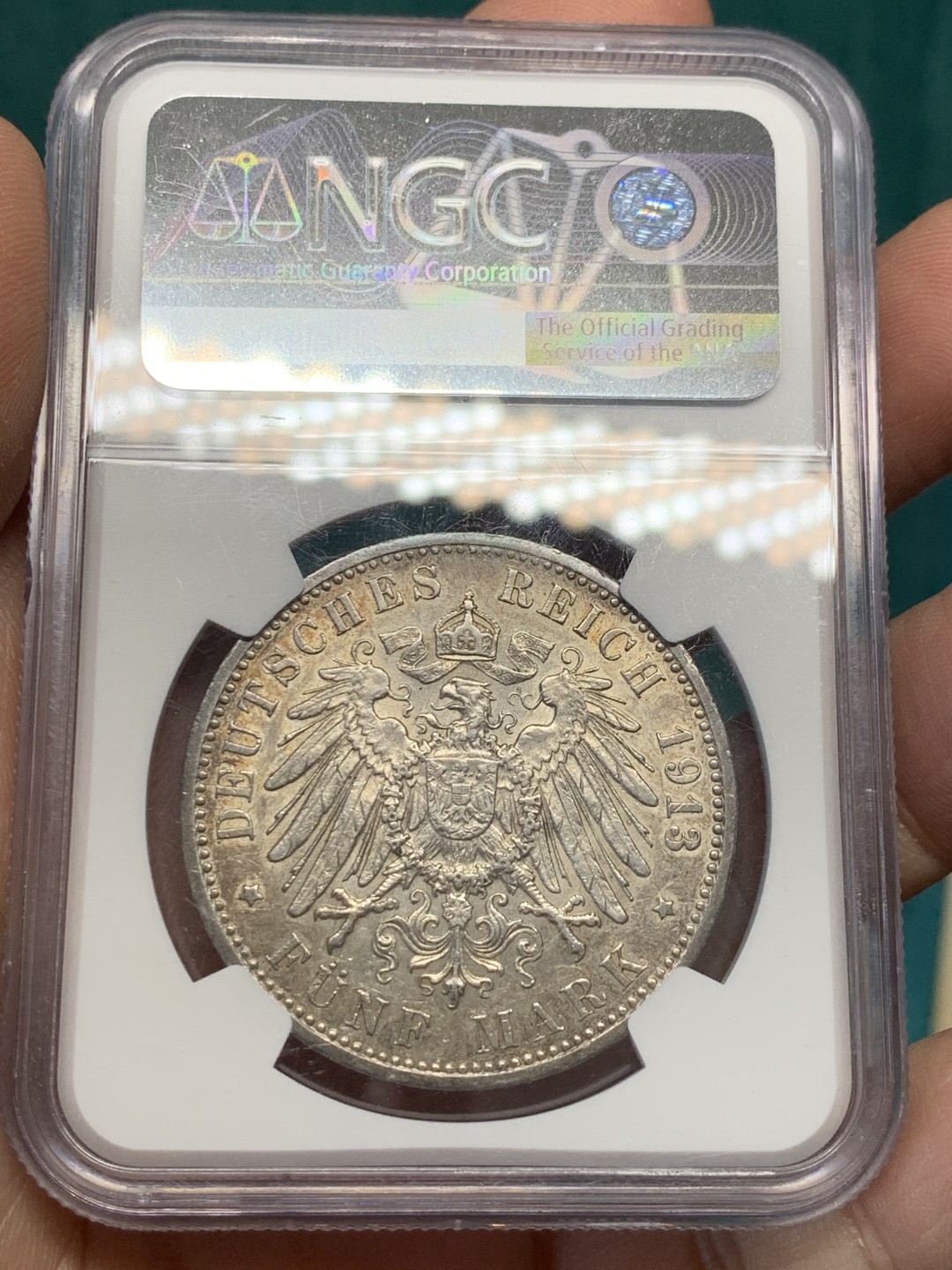 《竞宝斋》第148场-周日，周一 2场 (全场包邮) NGC-AU58 德国 1913年 汉堡5马克银币 细节不错 有点低评