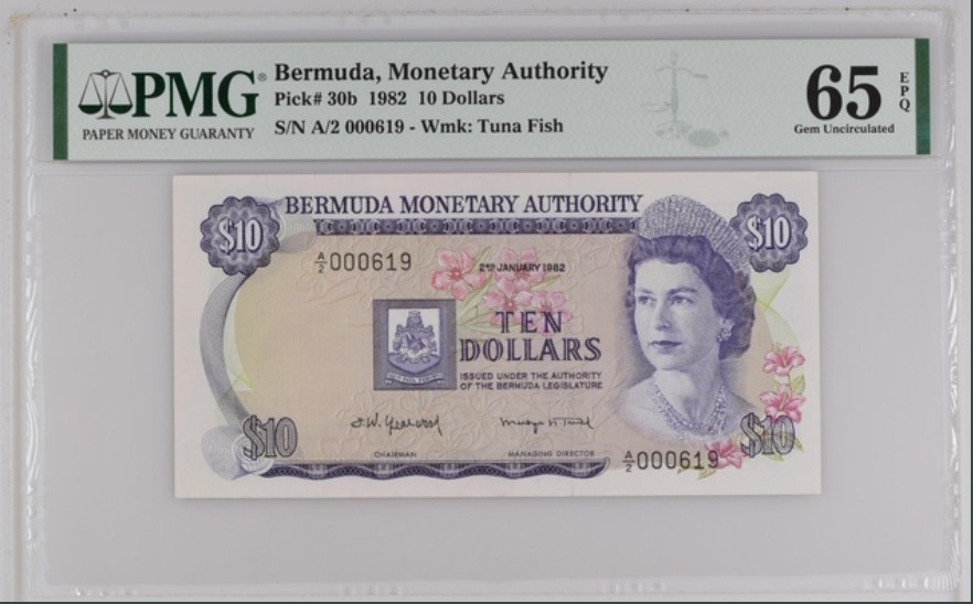 收藏联盟Quantum Auction 第245期拍卖  百慕大1982年10元 PMG65 百位号 倒置号