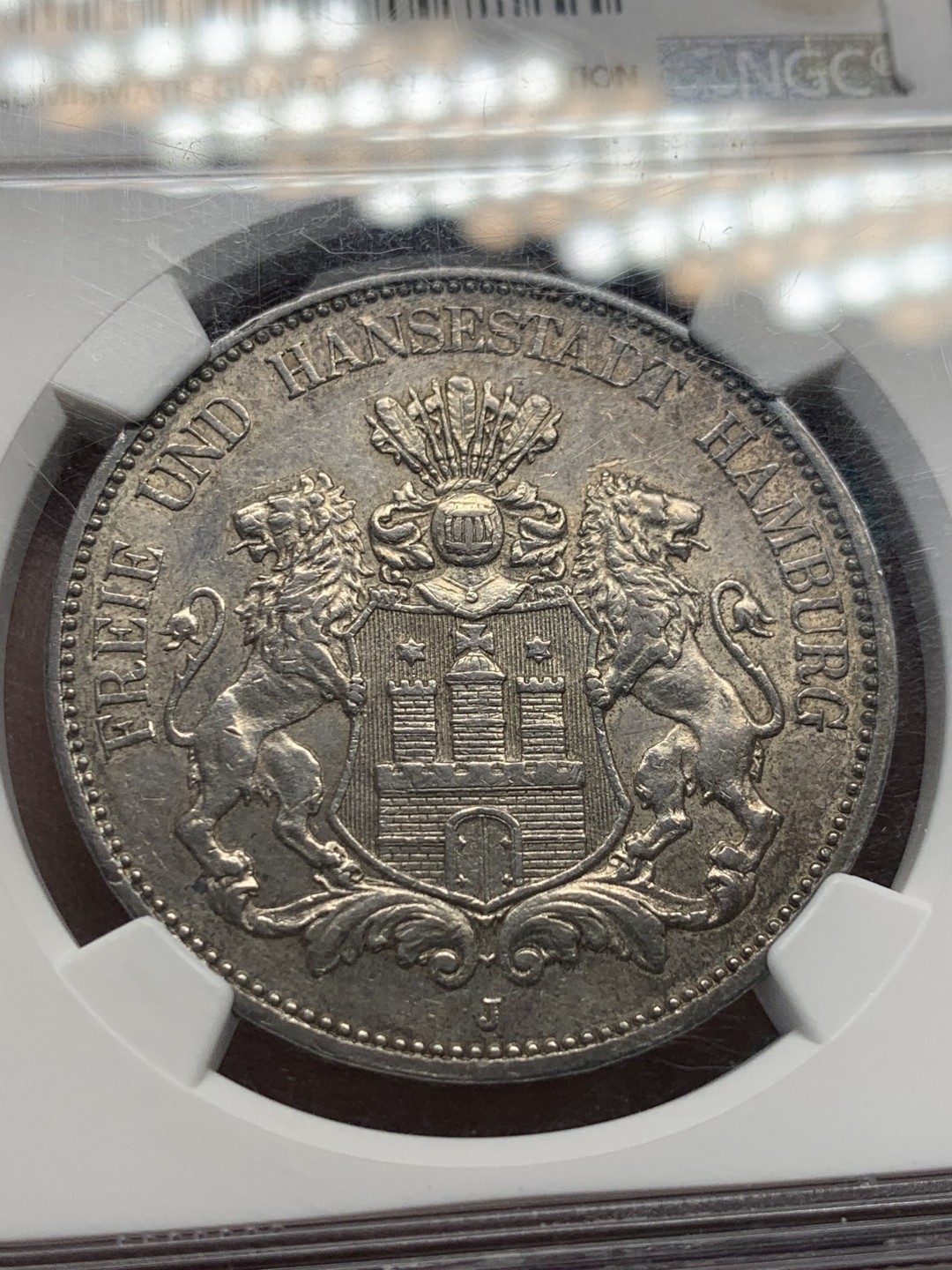 《竞宝斋》第148场-周日，周一 2场 (全场包邮) NGC-AU58 德国 1913年 汉堡5马克银币 细节不错 有点低评