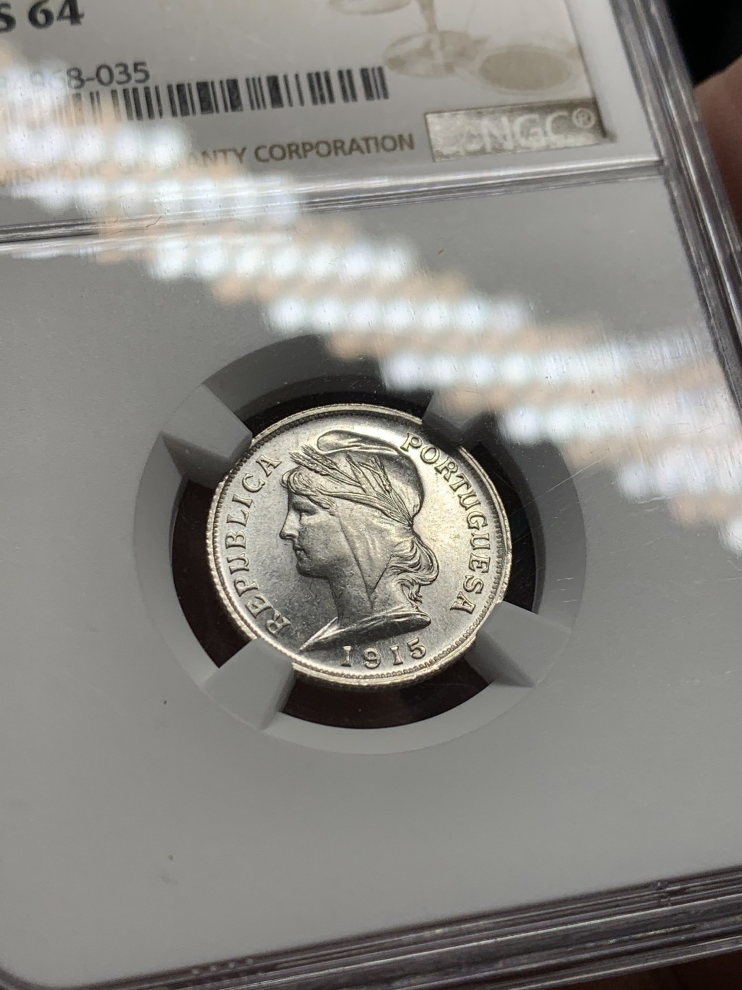 《竞宝斋》第148场-周日，周一 2场 (全场包邮) NGC-MS64 1915年 葡萄牙共和国女神10分银币，顶级状态，底板镜面感十足，银光闪闪。凑套上品之选
