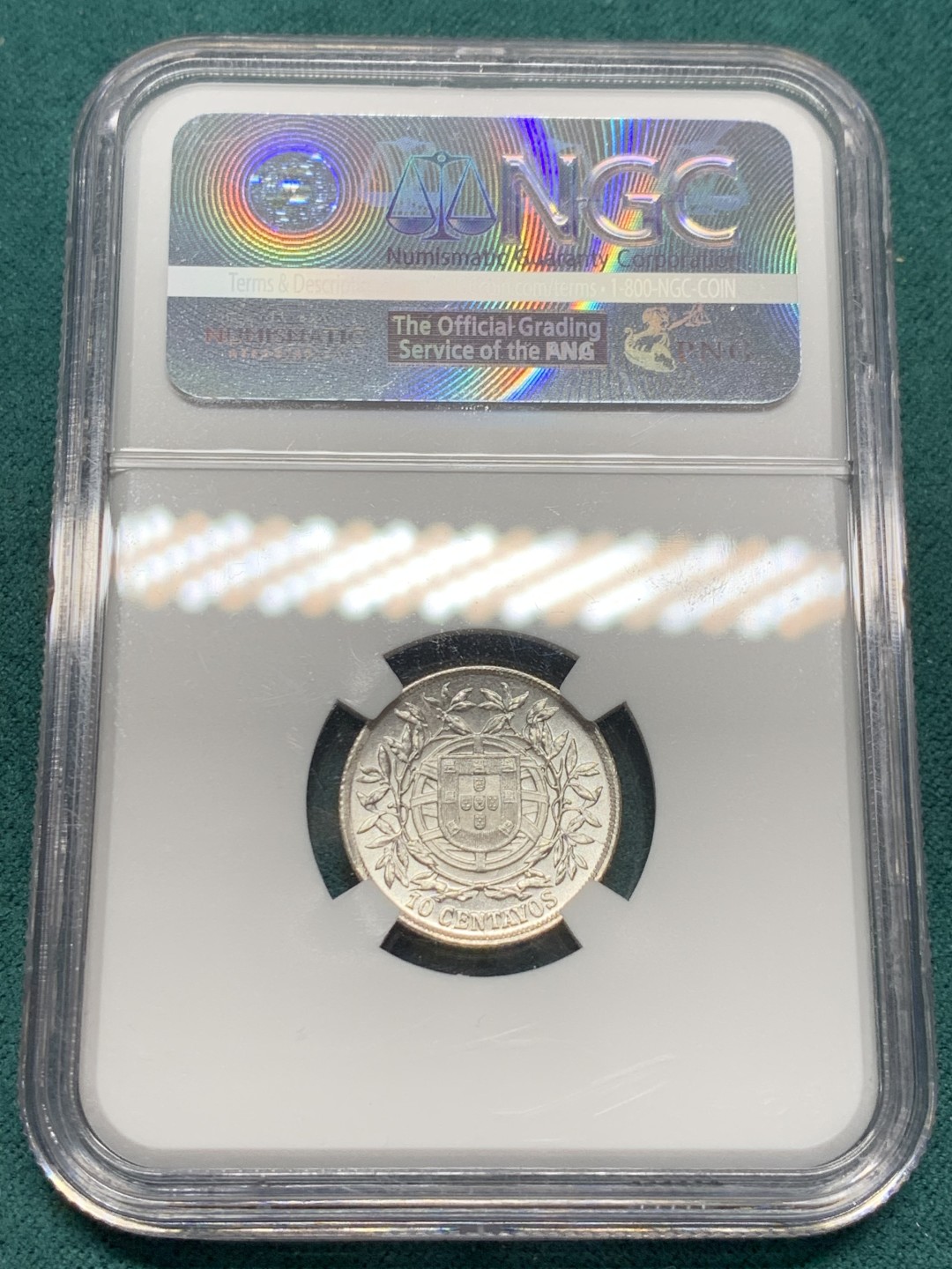 《竞宝斋》第148场-周日，周一 2场 (全场包邮) NGC-MS64 1915年 葡萄牙共和国女神10分银币，顶级状态，底板镜面感十足，银光闪闪。凑套上品之选