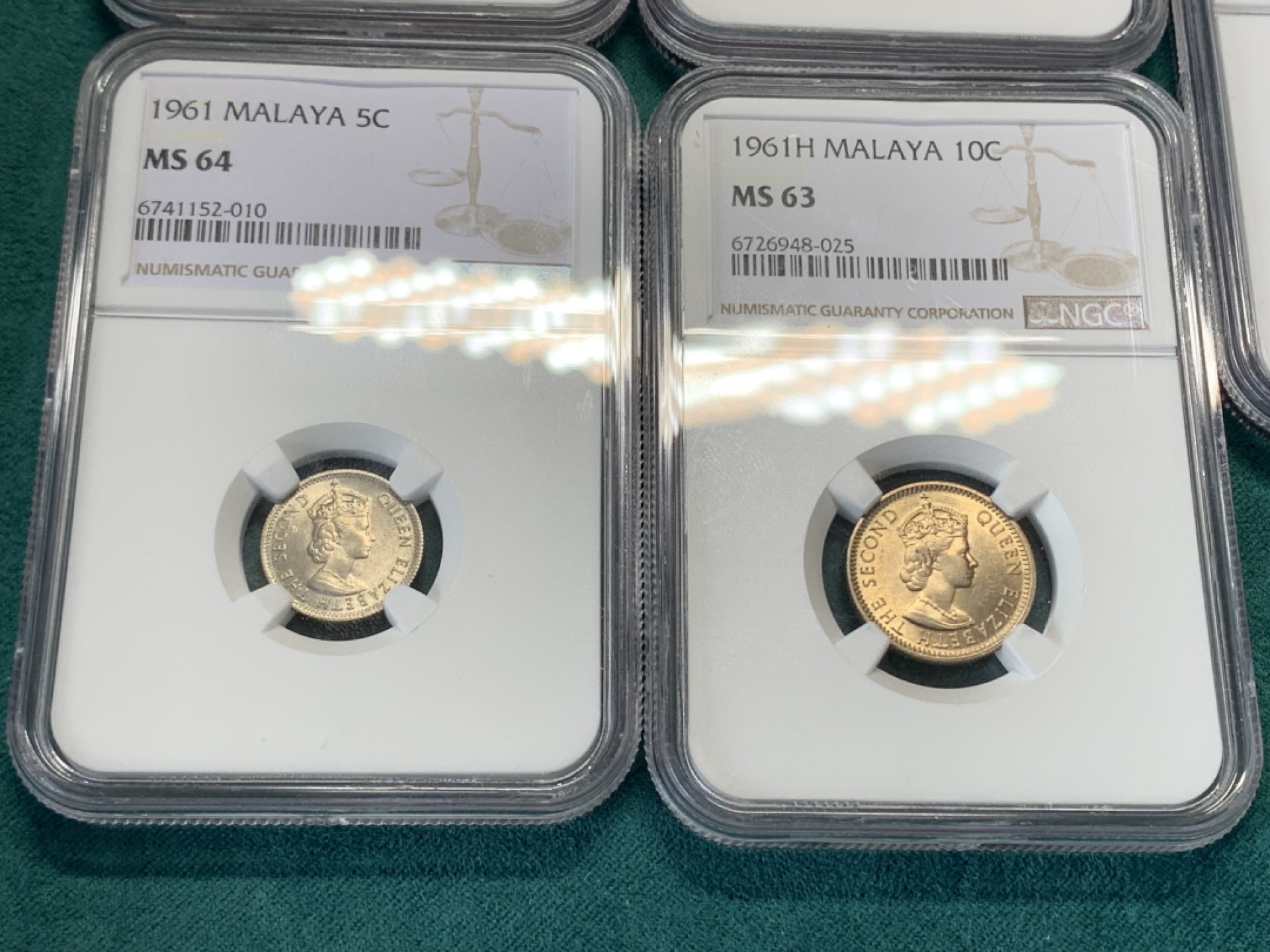 《竞宝斋》第148场-周日，周一 2场 (全场包邮) 5枚一组 NGC MS62-64英属马来亚1961年清年份套币，伊丽莎白二世最后一年的荣光第二年就没有女王头像了