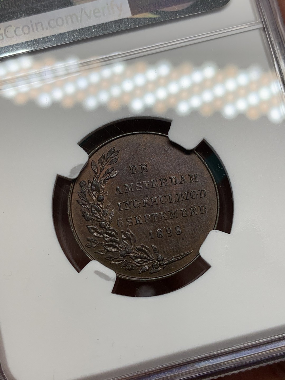 《竞宝斋》第148场-周日，周一 2场 (全场包邮) NGC-MS63 荷兰1898年 威廉米娜女王加冕纪念 铜章 稀少品种