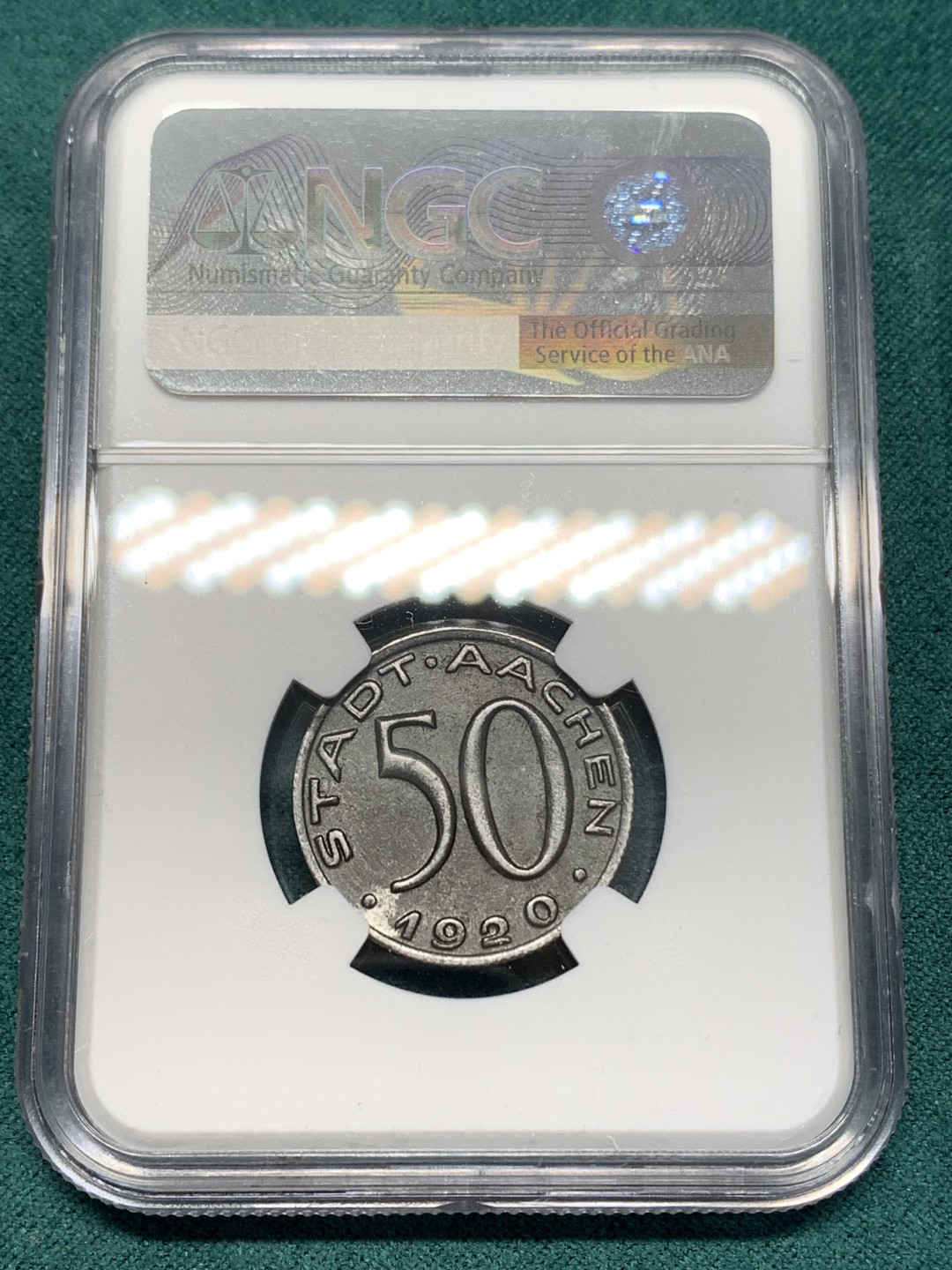 《竞宝斋》第148场-周日，周一 2场 (全场包邮) NGC-MS63 德紧1920年亚琛鹰头铁币50芬尼，大嘴鹰版别，德紧系列大名誉品，包浆均匀自然，一枚自藏