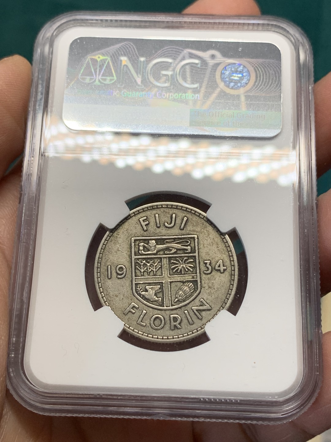 《竞宝斋》第148场-周日，周一 2场 (全场包邮) NGC XF 1934 斐济 乔五 2弗洛林 银币 少