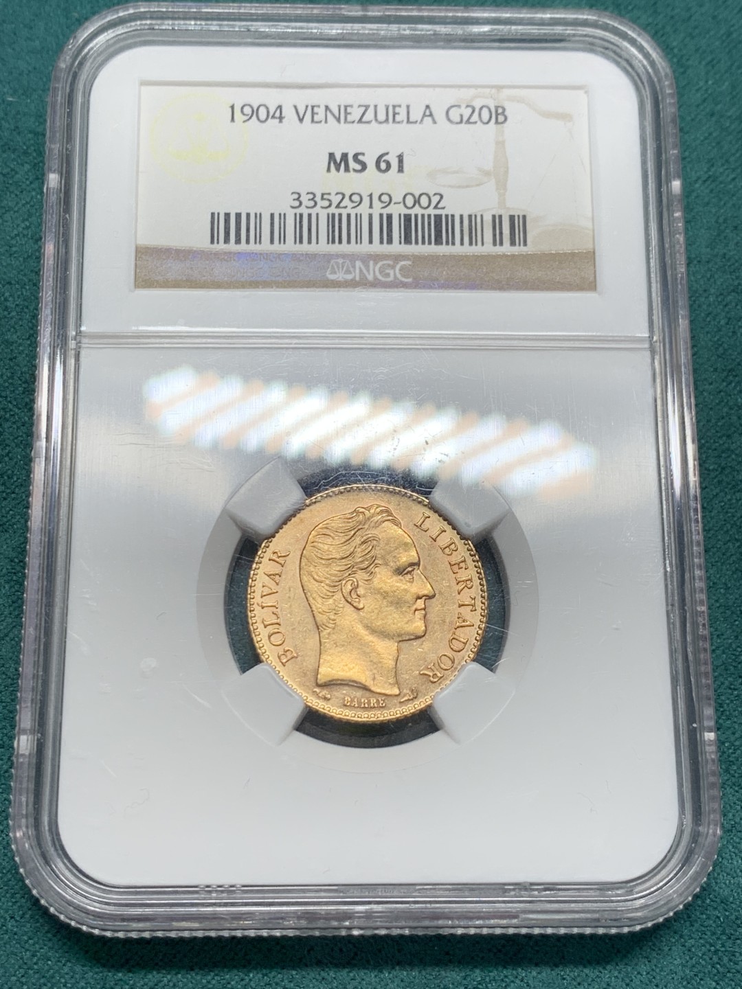 《竞宝斋》第148场-周日，周一 2场 (全场包邮) NGC-MS61 1904 委内瑞拉 20玻利瓦尔金币 6.45克 低评了