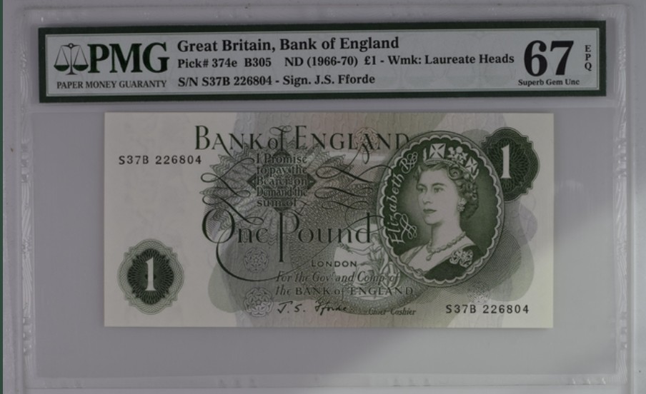 收藏联盟Quantum Auction 第245期拍卖  英国1966-70年1镑 PMG67 高分稀少