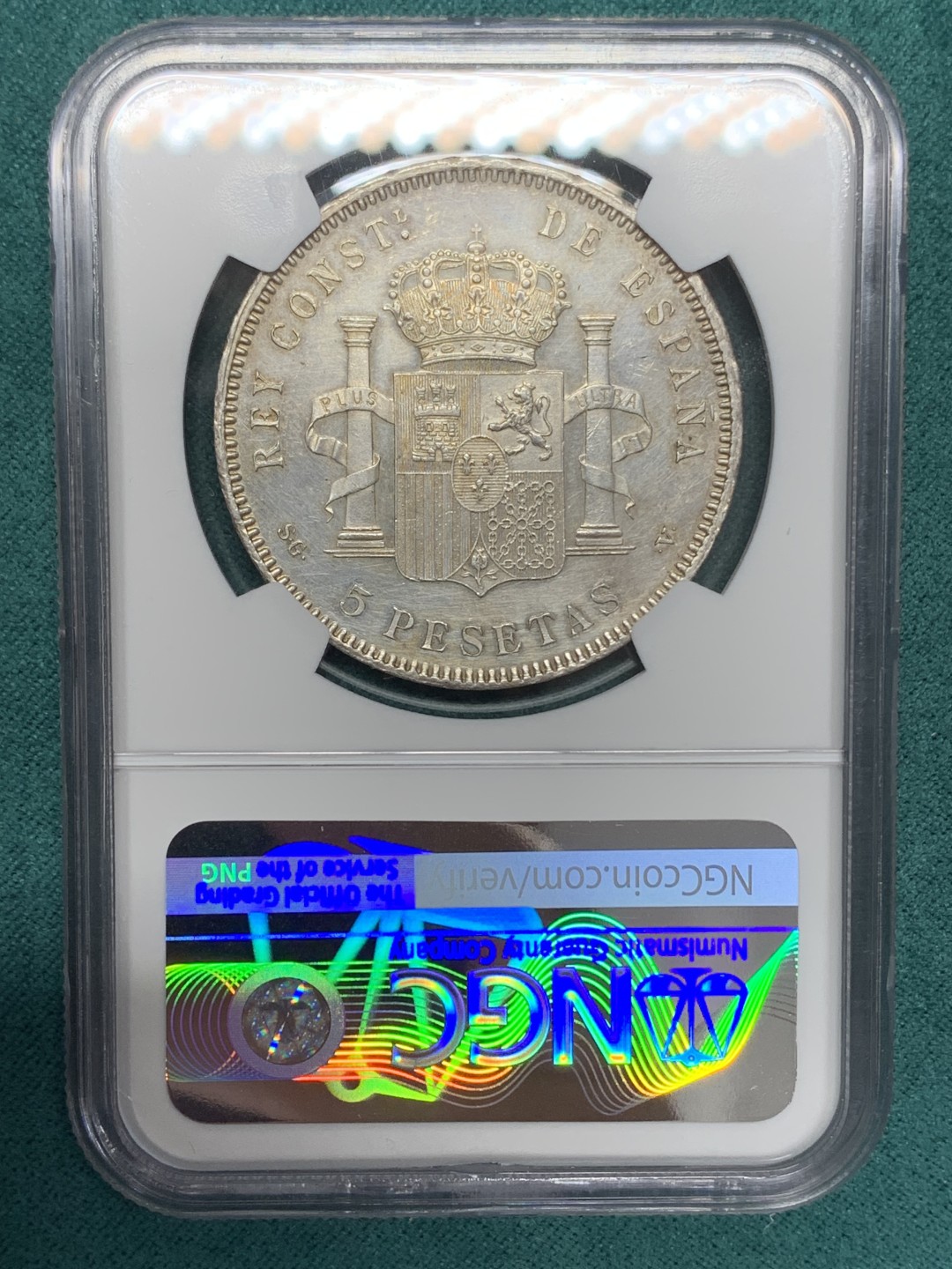 《竞宝斋》第148场-周日，周一 2场 (全场包邮) NGC UNC 西班牙 1898年 阿方索十三世 5比塞塔银币 细节不错