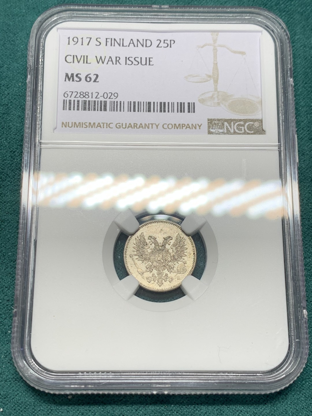 《竞宝斋》第148场-周日，周一 2场 (全场包邮) NGC-MS62 俄属芬兰1917年 25分双头鹰银币