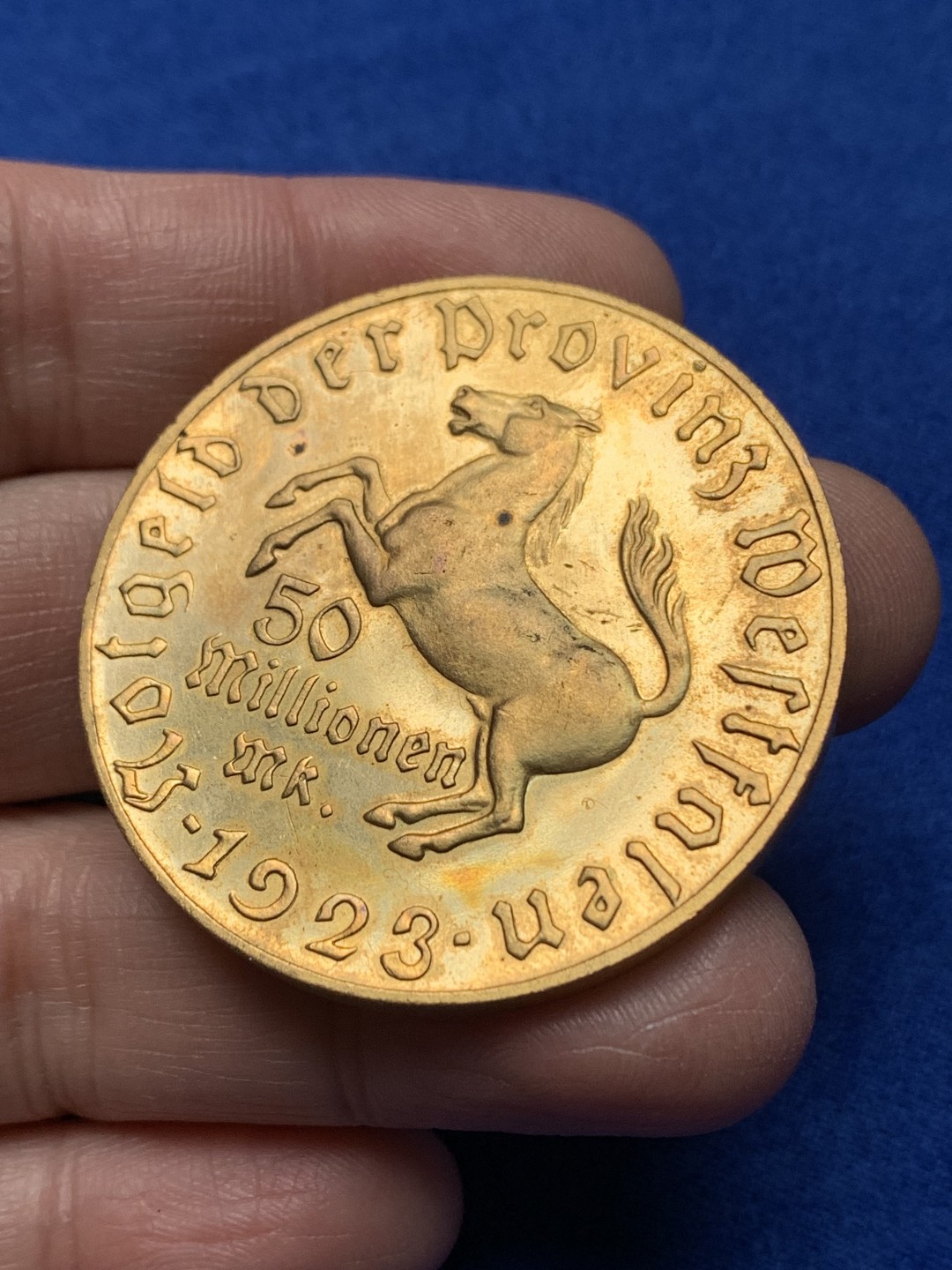 《竞宝斋》第148场-周日，周一 2场 (全场包邮) 德国 威斯特伐利亚 1923年5千万马克镀金 大马币