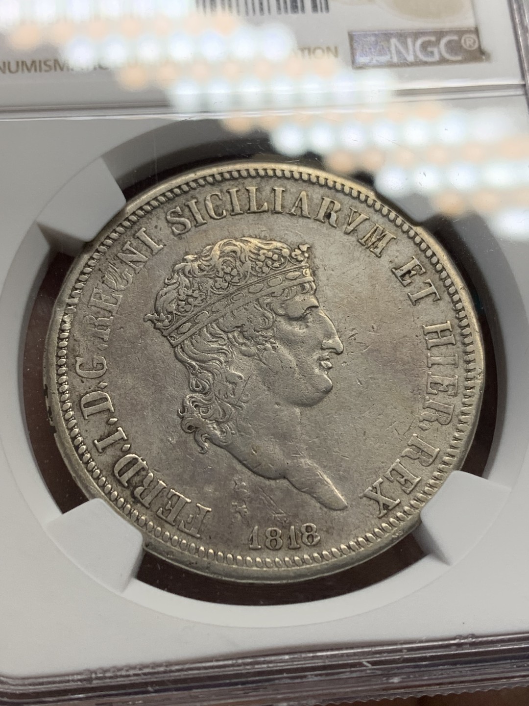 《竞宝斋》第148场-周日，周一 2场 (全场包邮) NGC XF 意大利/波旁-两西西里王朝，1818年120G大银币 费迪南多一世 小头版，状态不错，带减重痕