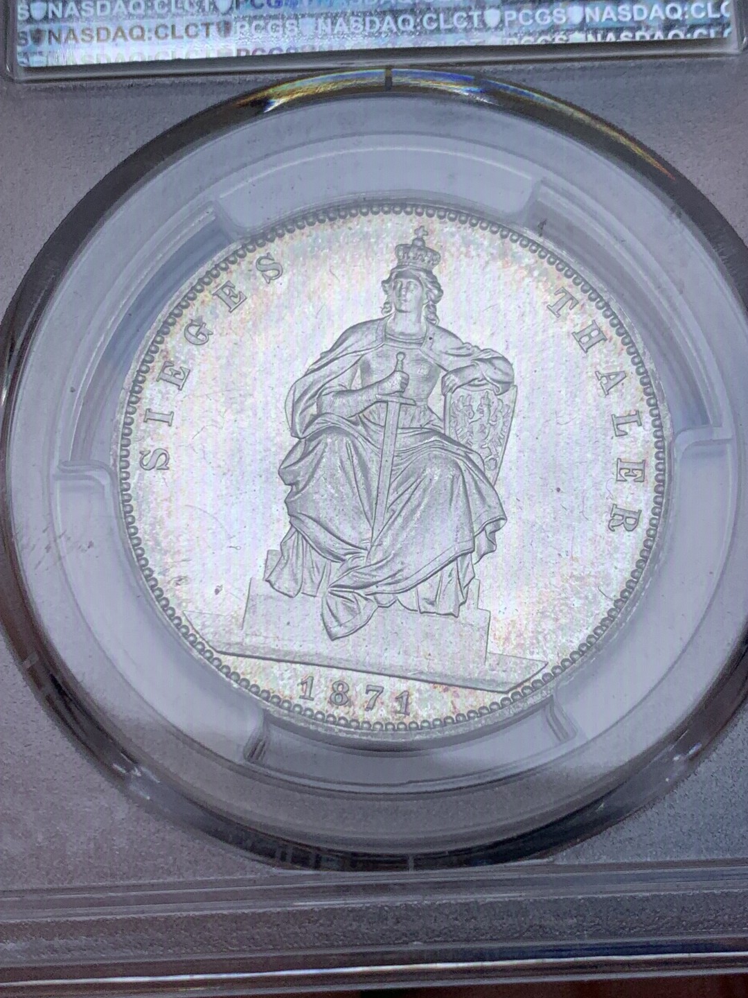 《竞宝斋》第148场-周日，周一 2场 (全场包邮) PCGS-MS64 德国 1871年 普鲁士威廉一世 胜利泰勒银币 双面杏色环彩 强丝绸光 普制64分所见最佳