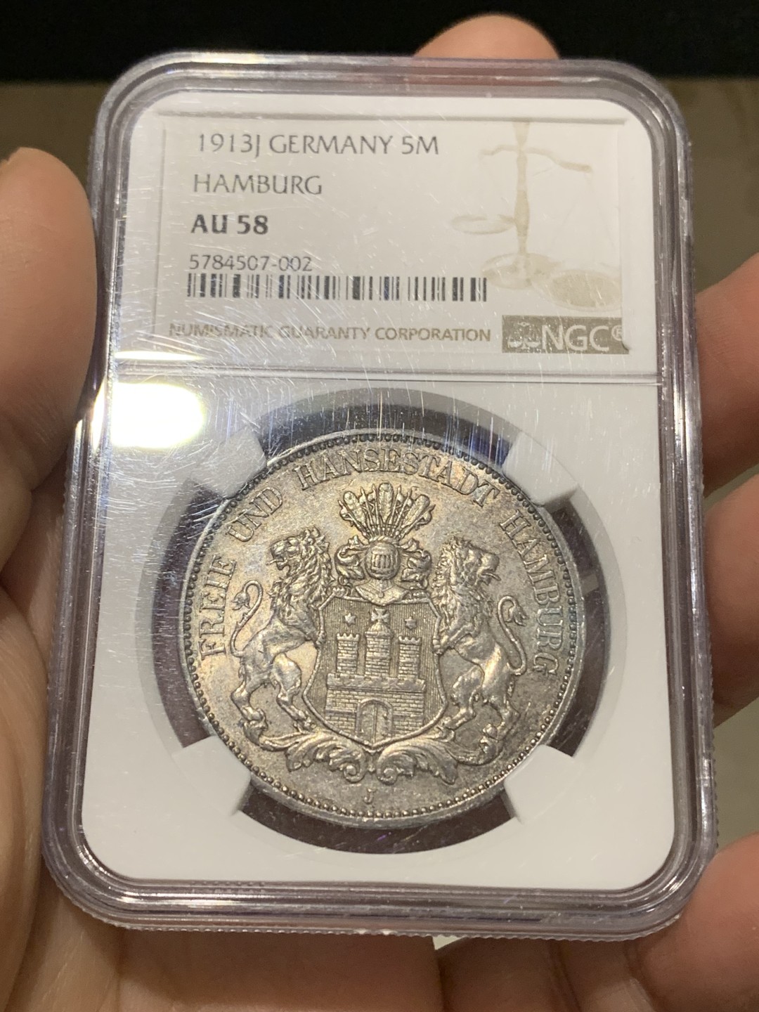 《竞宝斋》第148场-周日，周一 2场 (全场包邮) NGC-AU58 德国 1913年 汉堡5马克银币 细节不错 有点低评