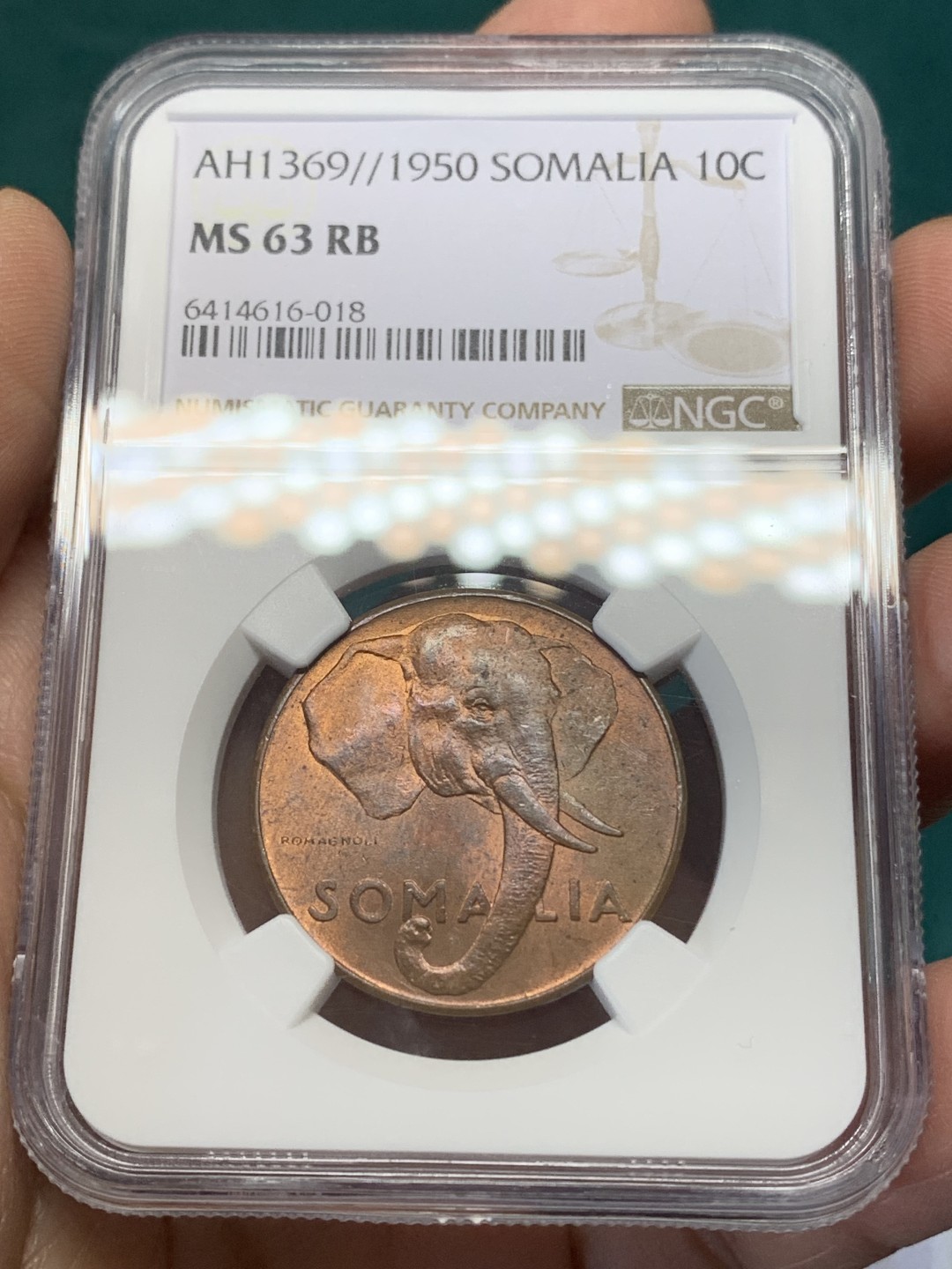 《竞宝斋》第148场-周日，周一 2场 (全场包邮) NGC-MS63RB AH1369 意属索马里10分大铜币，非洲象经典元素。单年版本，RB铜光靓丽