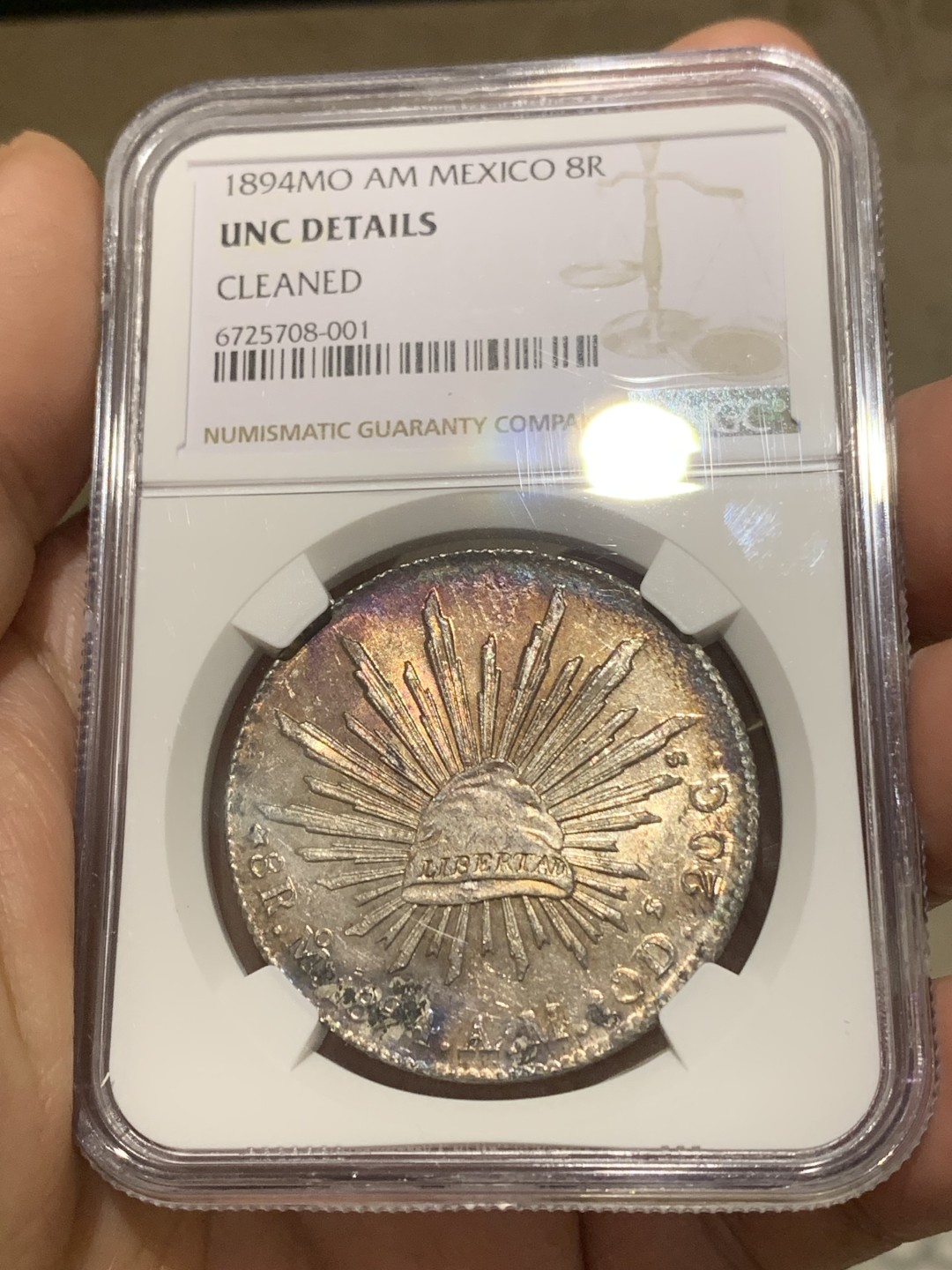 《竞宝斋》第148场-周日，周一 2场 (全场包邮) NGC UNC 1894年 墨西哥 鹰洋 镜面底板，正面彩虹包浆 背面极好