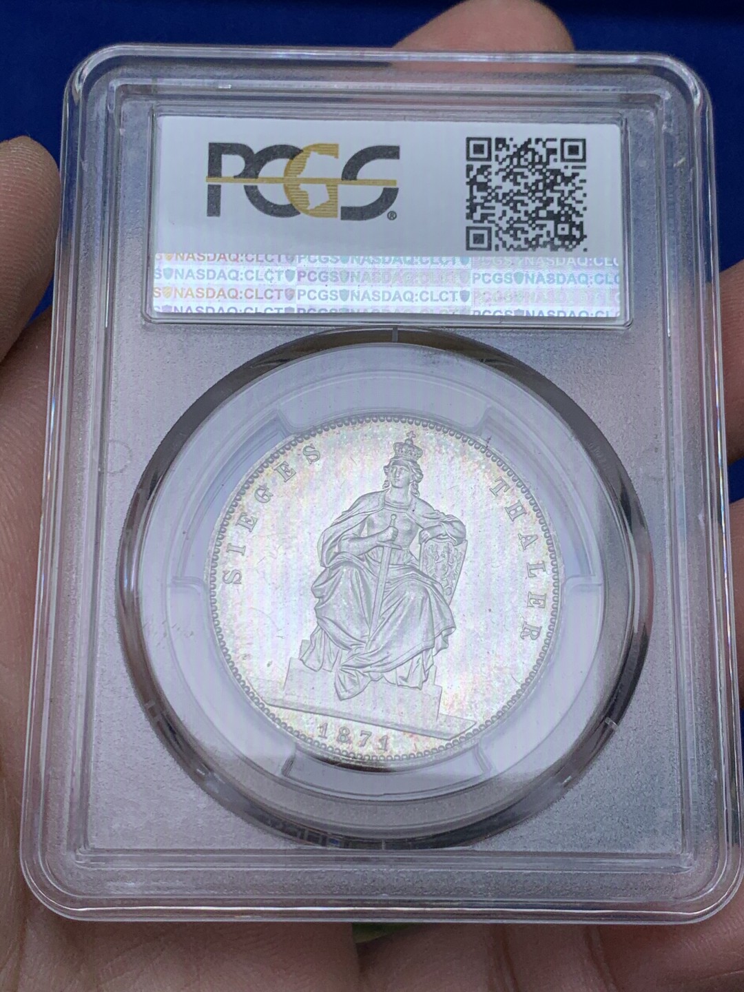 《竞宝斋》第148场-周日，周一 2场 (全场包邮) PCGS-MS64 德国 1871年 普鲁士威廉一世 胜利泰勒银币 双面杏色环彩 强丝绸光 普制64分所见最佳