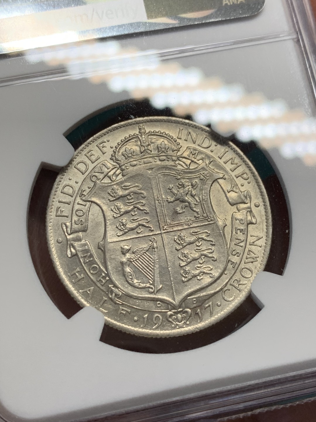 《竞宝斋》第148场-周日，周一 2场 (全场包邮) NGC-AU58 英国 1917年 乔治五世半克朗银币 乔五早期年份 925高银版 原色银光 转光流畅