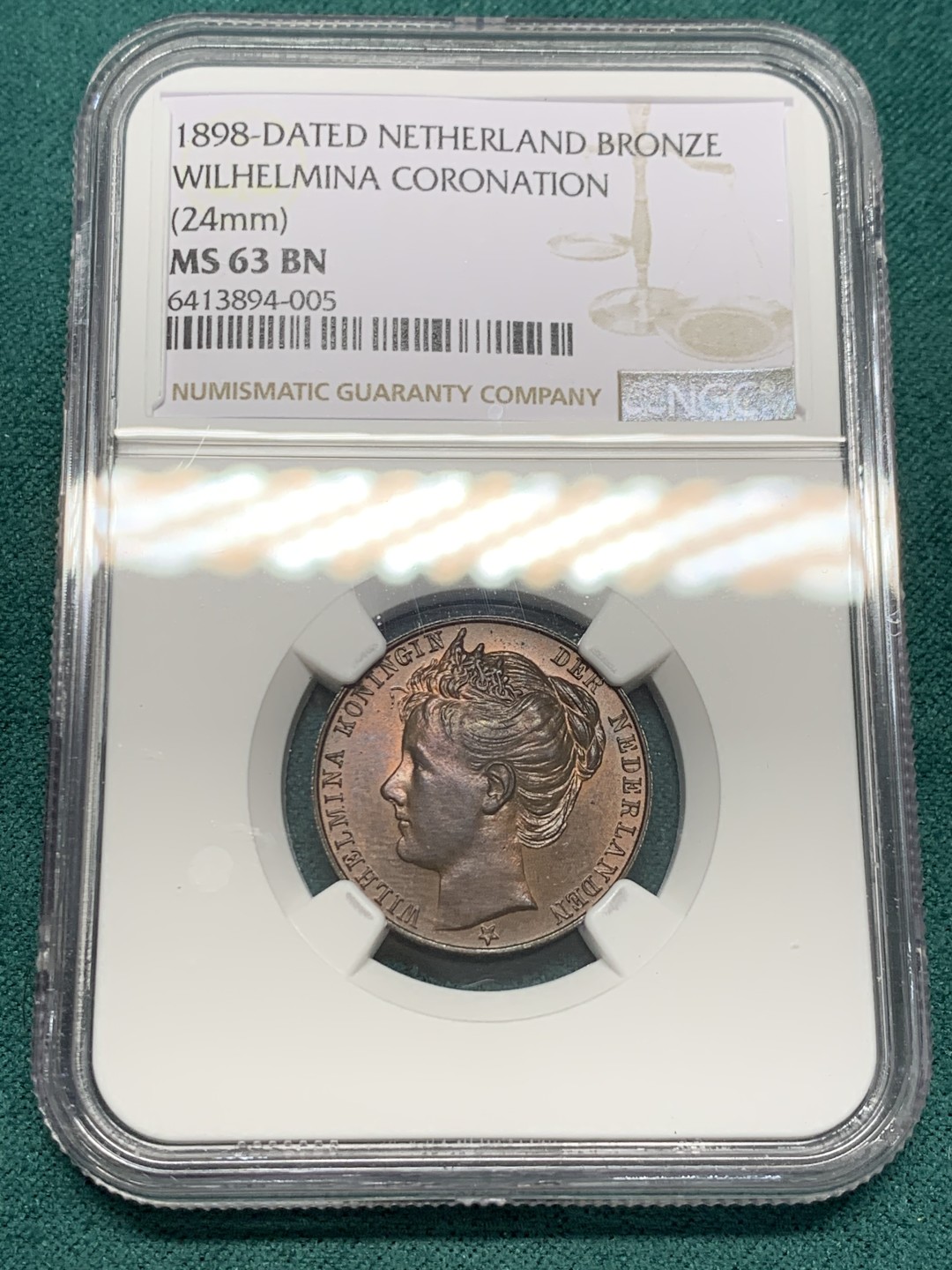 《竞宝斋》第148场-周日，周一 2场 (全场包邮) NGC-MS63 荷兰1898年 威廉米娜女王加冕纪念 铜章 稀少品种