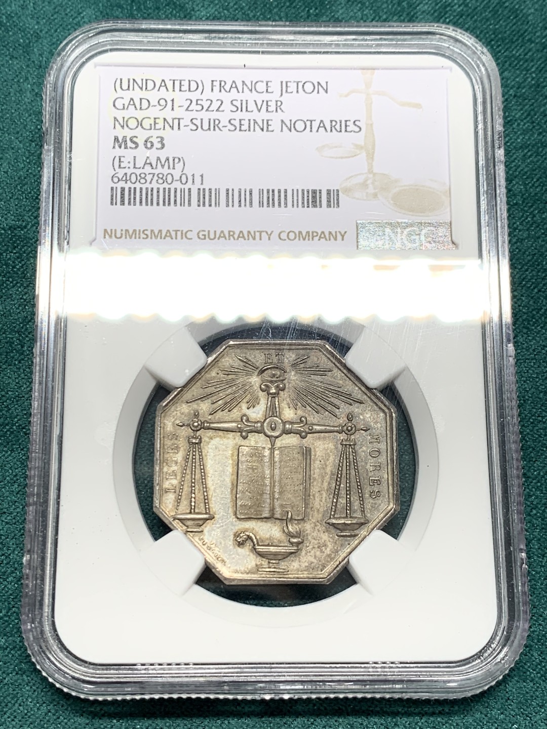 《竞宝斋》第148场-周日，周一 2场 (全场包邮) NGC-MS63 法国十九世纪 天平八角 JETON 银质 五彩包浆