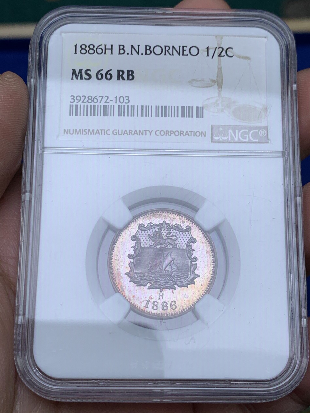 《竞宝斋》第148场-周日，周一 2场 (全场包邮) NGC-MS66RB 英属北婆罗洲 1886年（H） 洋元半分 高分状态好 铜光极强 收藏佳品！