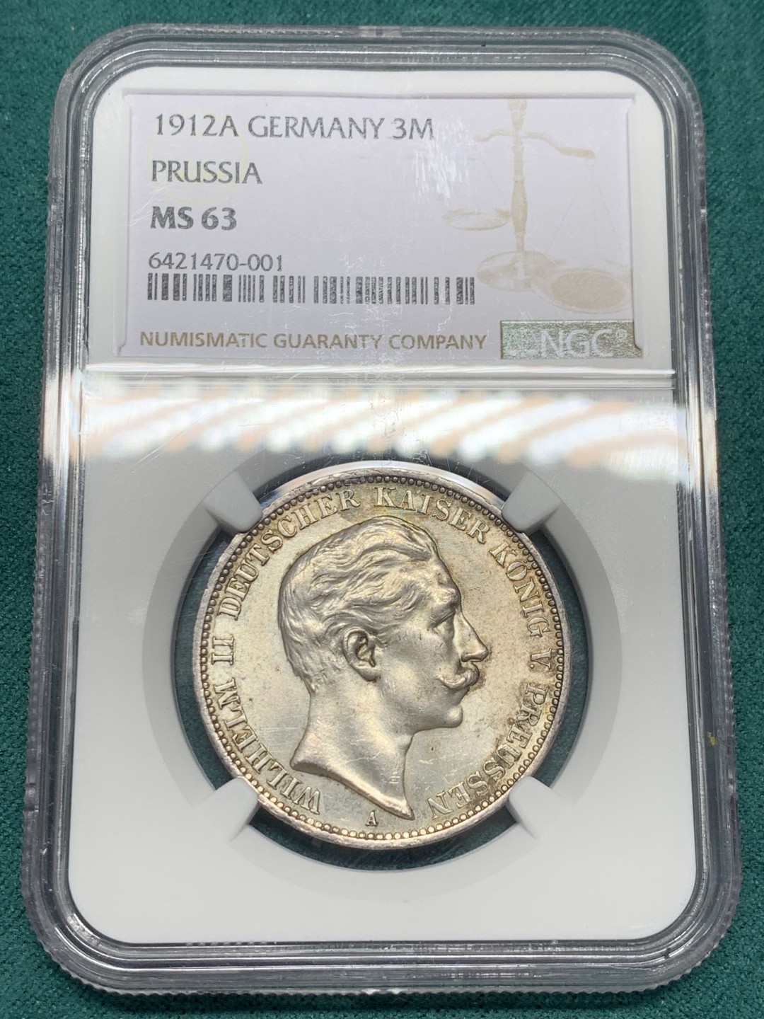 《竞宝斋》第148场-周日，周一 2场 (全场包邮) NGC MS63 德国 普鲁士1912年 3马克银币 威廉二世 光度好