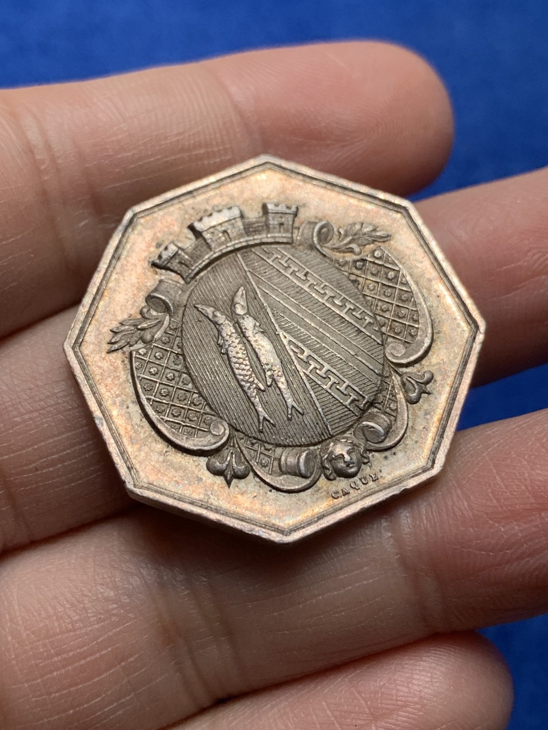 《竞宝斋》第148场-周日，周一 2场 (全场包邮) 法国1860-1879 塞纳河储蓄银行 银质八角代币 17.16g，32.3mm，蜜蜂边铭 银标