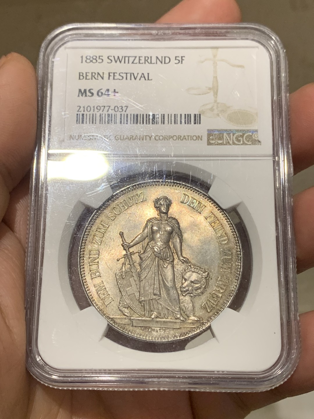 《竞宝斋》第148场-周日，周一 2场 (全场包邮) NGC-MS64+ 瑞士 1885年 伯尔尼射击节5法郎银币 经典品种 顶级品相 包浆醇厚