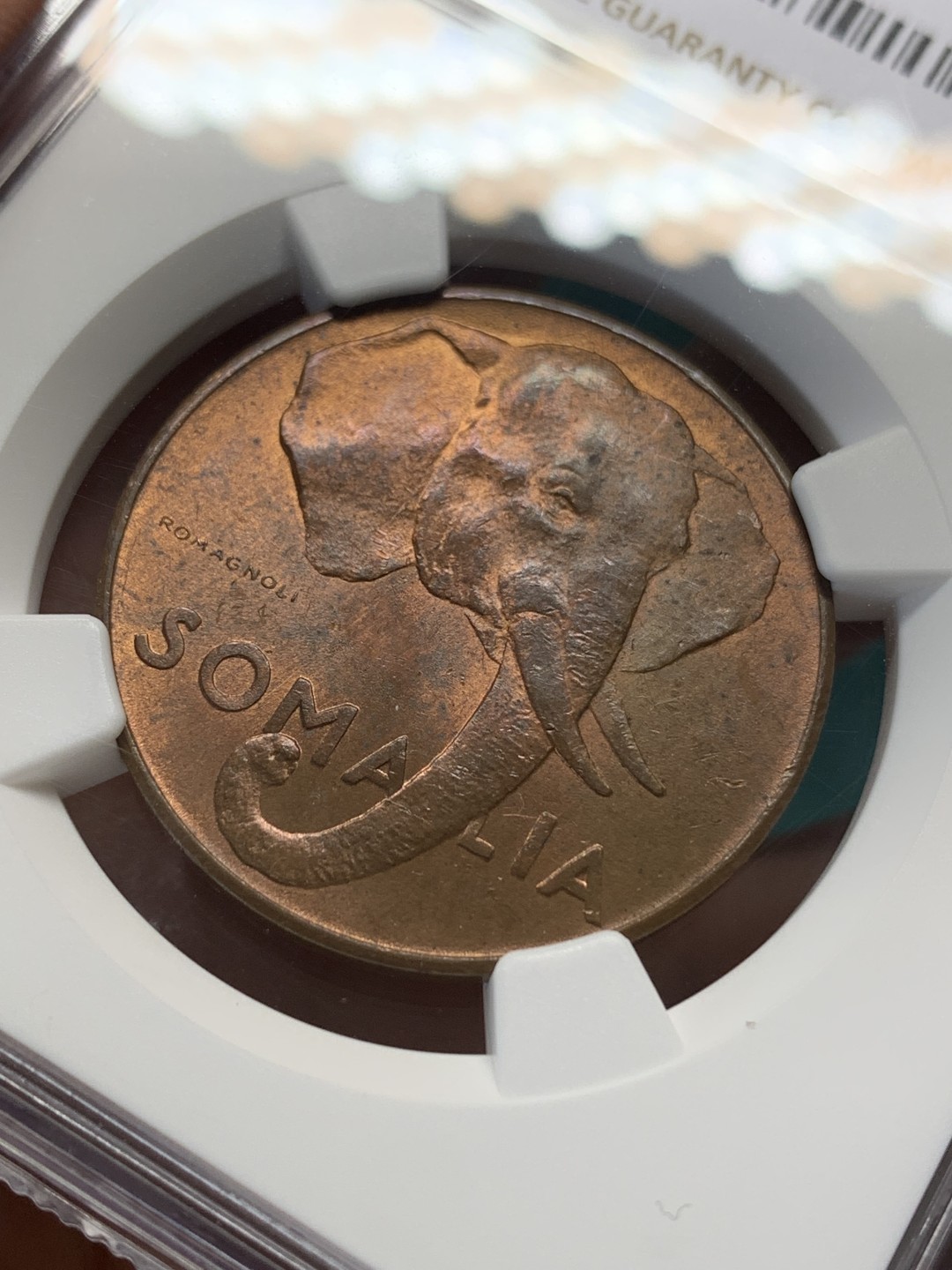 《竞宝斋》第148场-周日，周一 2场 (全场包邮) NGC-MS63RB AH1369 意属索马里10分大铜币，非洲象经典元素。单年版本，RB铜光靓丽