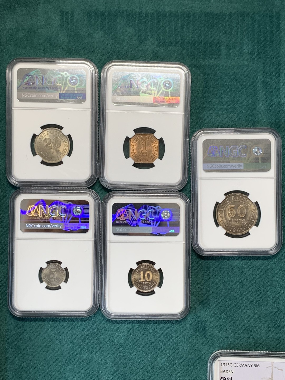 《竞宝斋》第148场-周日，周一 2场 (全场包邮) 5枚一组 NGC MS62-64英属马来亚1961年清年份套币，伊丽莎白二世最后一年的荣光第二年就没有女王头像了