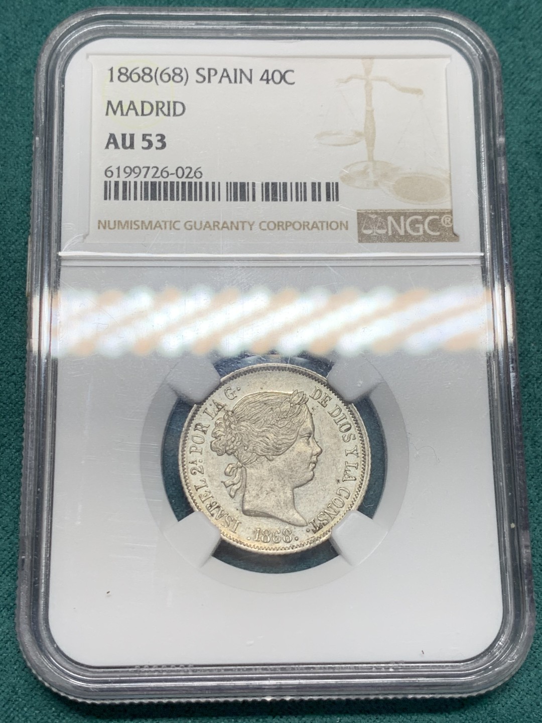 《竞宝斋》第148场-周日，周一 2场 (全场包邮) NGC-AU53 西班牙 1868 猪头妹妹 40分银币（2角型）少见品种