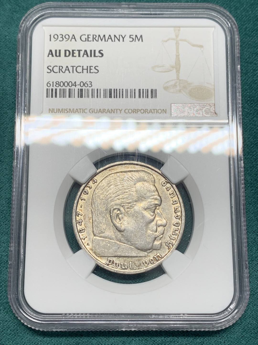 《竞宝斋》第148场-周日，周一 2场 (全场包邮) NGC-AUD 1939A德国兴登堡带字5马克银币