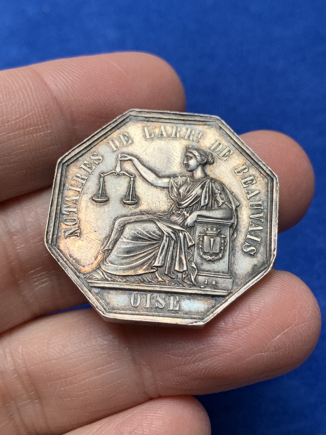 《竞宝斋》第148场-周日，周一 2场 (全场包邮) 法国 博韦市公证人 八角银质代币 jeton 15g 蜜蜂边铭（1860-1879年）