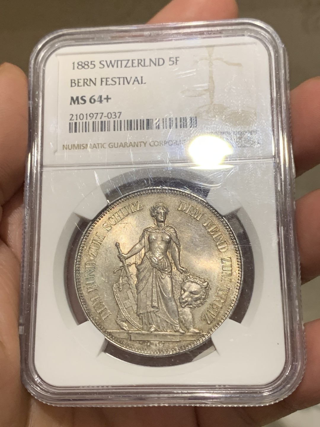 《竞宝斋》第148场-周日，周一 2场 (全场包邮) NGC-MS64+ 瑞士 1885年 伯尔尼射击节5法郎银币 经典品种 顶级品相 包浆醇厚